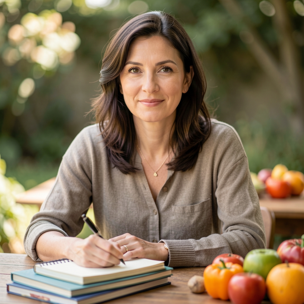 Editorial portrait of a food writer seated at a desk with notebooks and seasonal produce visible, photographed in soft natural side lighting