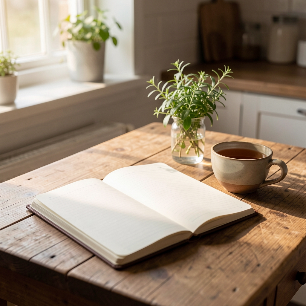 Notebook open on a wooden desk beside a cup of tea, morning kitchen light streaming in from the side, fresh herbs in a small glass nearby
